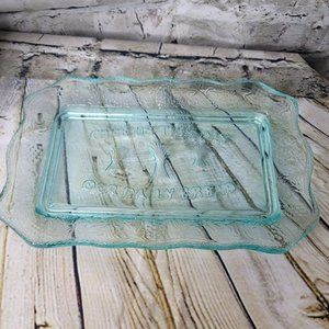 TIARA Glass 11" X 7" Ice Blue GIVE US THIS DAY OUR DAILY BREAD Plate